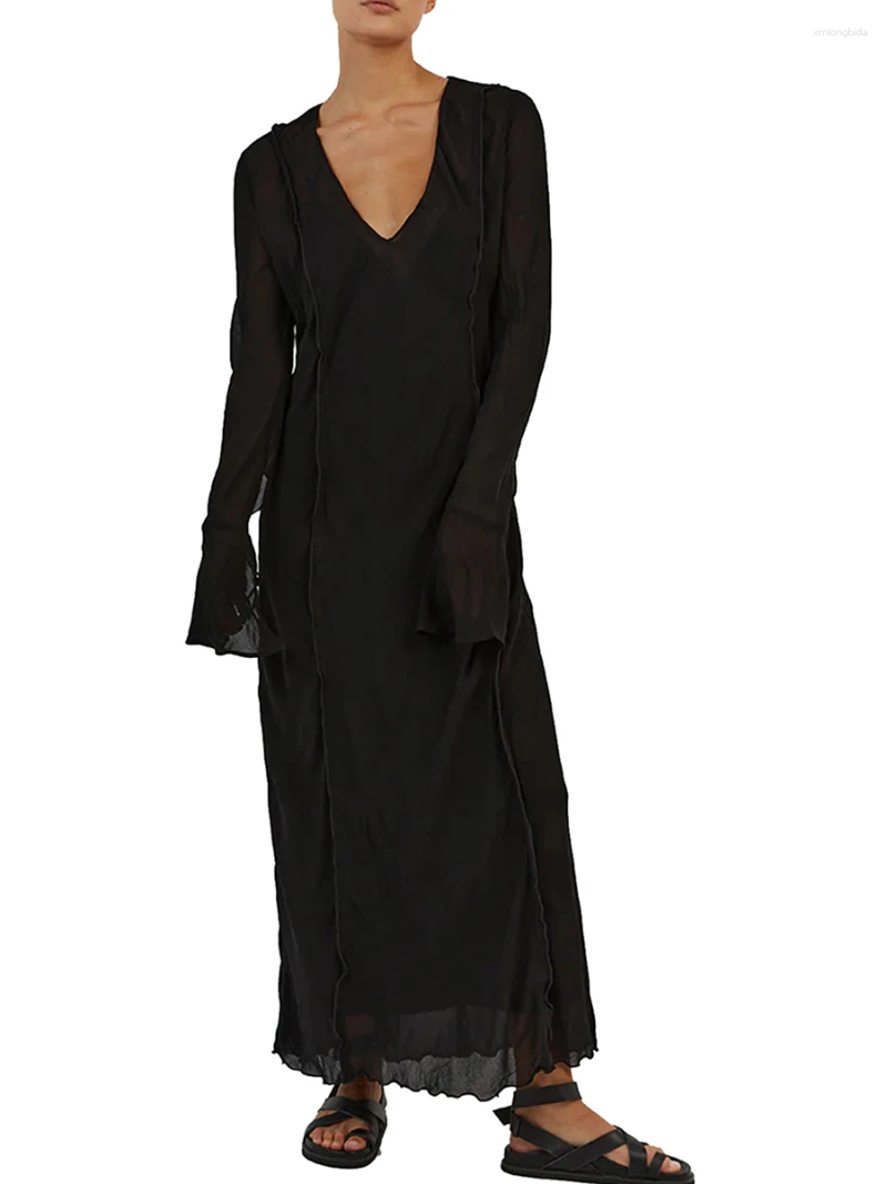 Casual Dresses Women Long Sleeve Dress V Neck See-Through Mesh Party For Beach Cocktail Club Streetwear (Beige M)