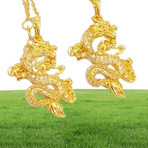 Micro Inlaid Zircon Dragon Pendant Chain 18k Yellow Gold Filled Fashion Womens Mens Pendant Necklace