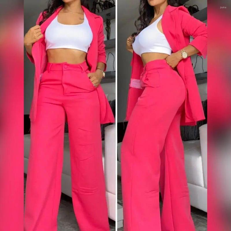 Womens Two Piece Pants Long Sleeve Lapel Suit Stylish Coat Single-breasted Jacket Wide Leg For Ladies Women