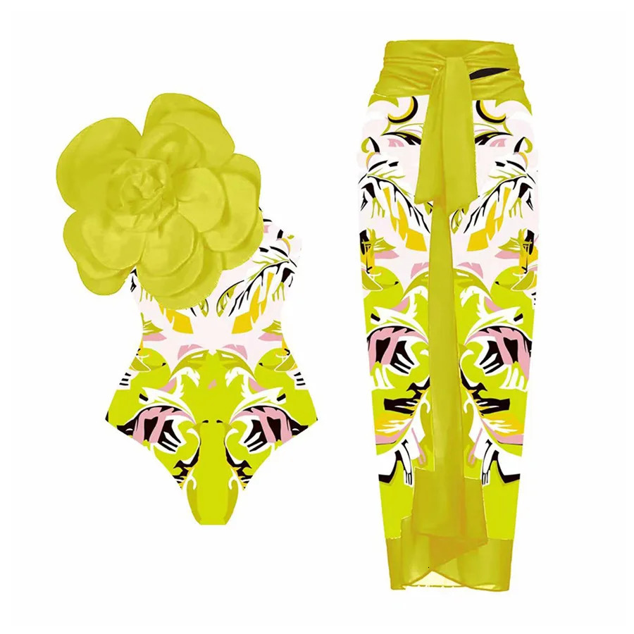 Blue One Shoulder Ruffled Print Floral Swimsuit Set Cover Up Single Piece Micro Monokini Sexy Swimwear For Girls Summer Beach 231227