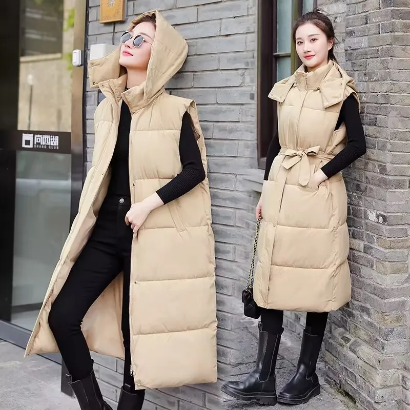 Women's Vests Winter Hooded Vest Woman Long Coat Puffer 2024 Korean Autumn Outwear Belt Female Sleeveless Jacket 231201