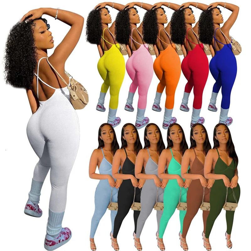 Women's Jumpsuits Rompers Sporty Casual Fitness Rompers Womens Jumpsuit Sleeveless Knit Rib Elastic Bodycon Jumpsuits Backless Workout Overalls f