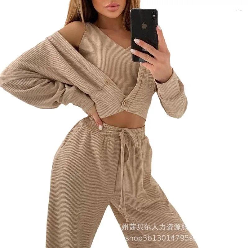 Womens Two Piece Pants Ribbed Crop Top Drawstring Set With Buttoned Coat Three Women Pant Sets Vest V Neck Lace Up Trousers Suits