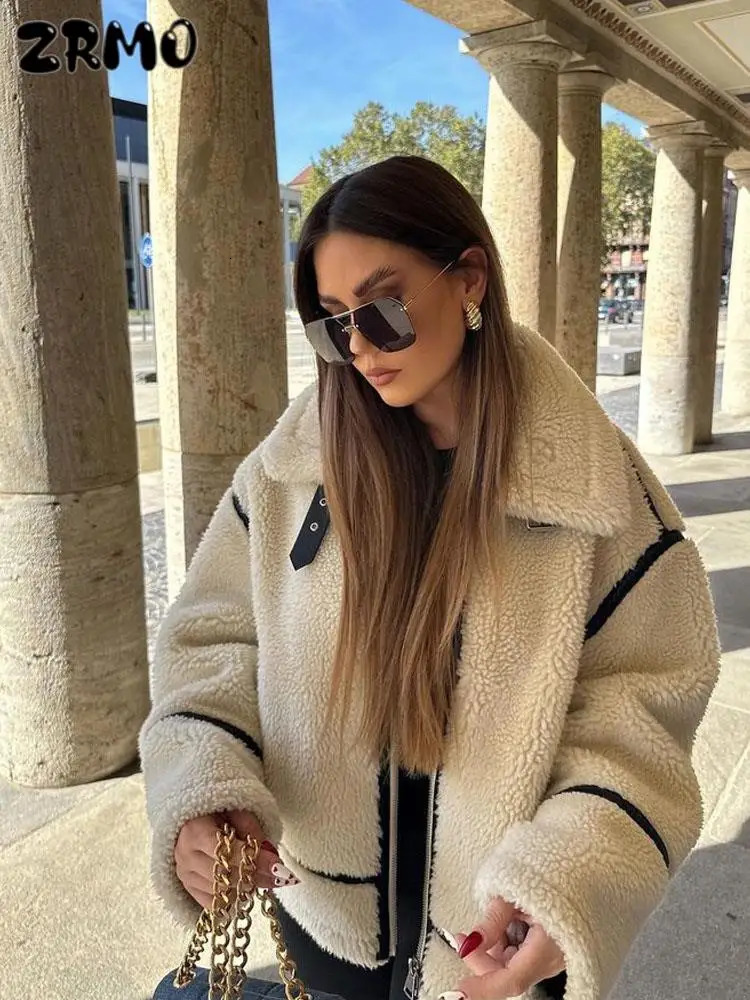 Women's Jackets Fashion Patchwork Furry Jacket For Women Gentle Panelled Thick Warm Lambswool Fleece Coat Zipper Pocket Lady Outwear 231201