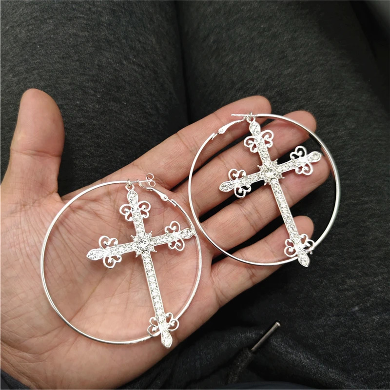 Charm KUGUYS Big Hoop Cross Dangle Earring for Women Drop Metal Crystals Gold Silver Color Jewelry Round Vintage Accessories 231202