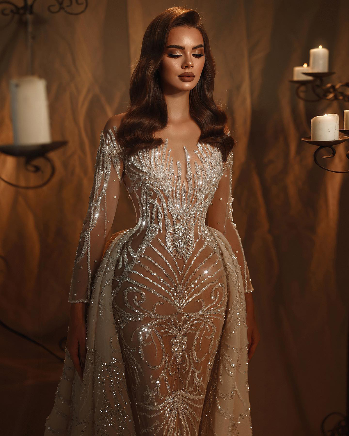 Sparkly Mermaid Beads Wedding Dress Lace See Through Wedding Gowns Full Sleeveless Sequined Vestido De Noiva