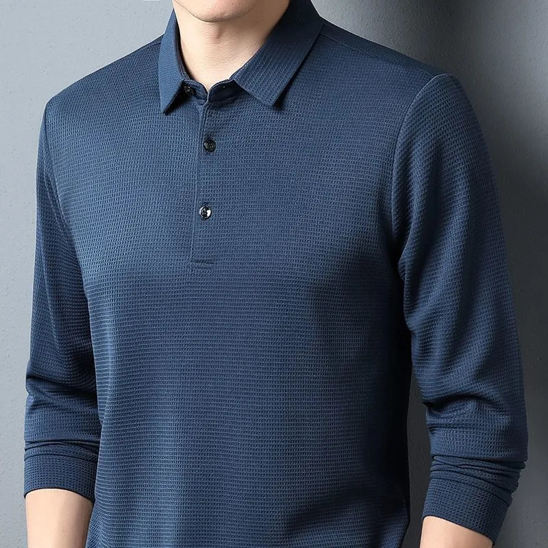 Men's Polos SHiONFA Men's Waffle Long Sleeve Solid T-shirt Elasticity Leisure Autumn Clothing Comfy Turn Down Collar Casual Polo Shirts 4XL 