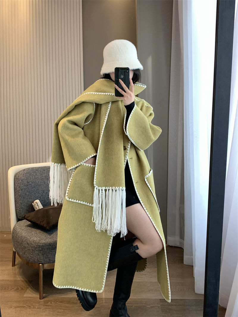 T0te rabbit hair+silk+wool scarf medium length tassel double-sided woolen coat
