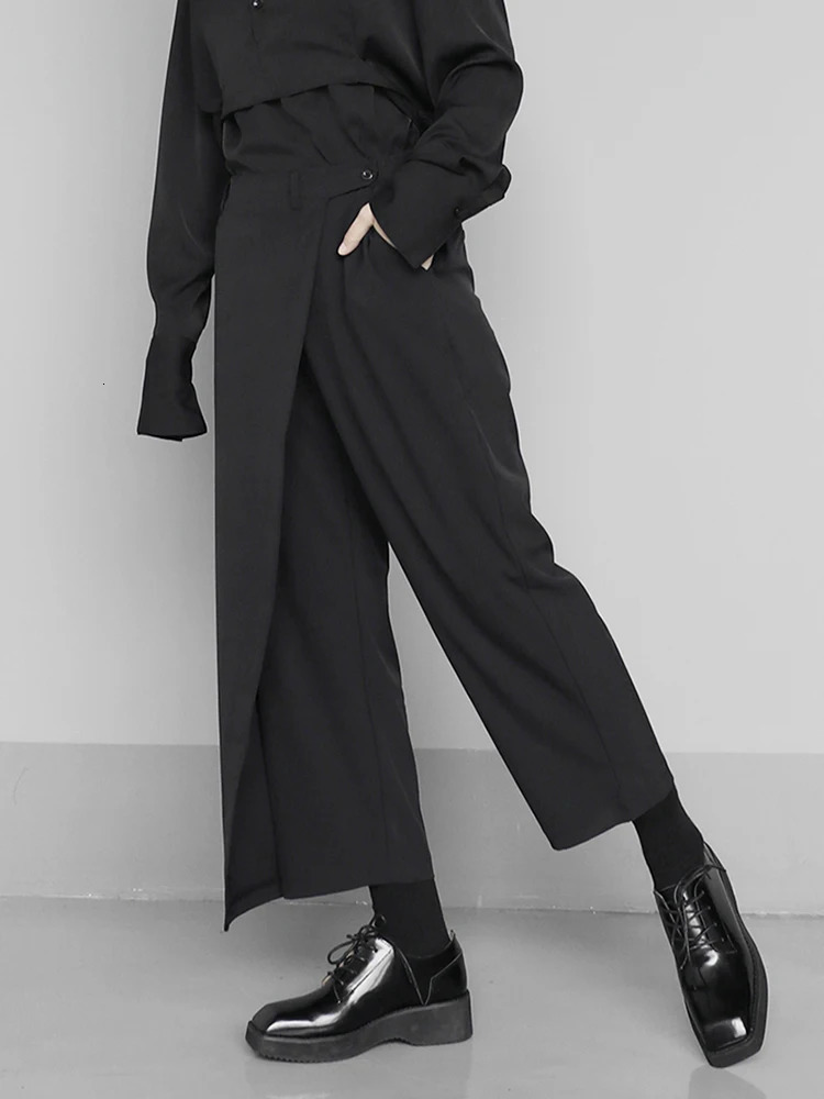 Women's Pants Capris EAM High Elastic Waist Black Brief Pleated Long Trousers Loose Fit Pants Women Fashion Spring Autumn 1S430 231201