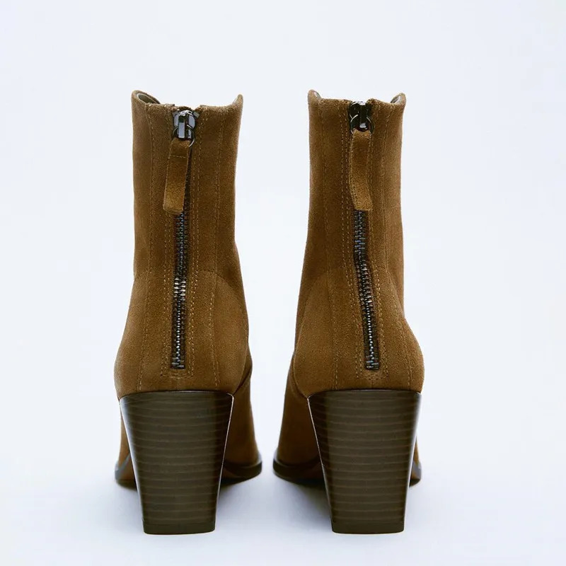 High Heels Heeled Cowboy Ankle Boots TRAF Winter Fashion Pointed Toes Women Chunky Heel Woman Shoes Brown 231201