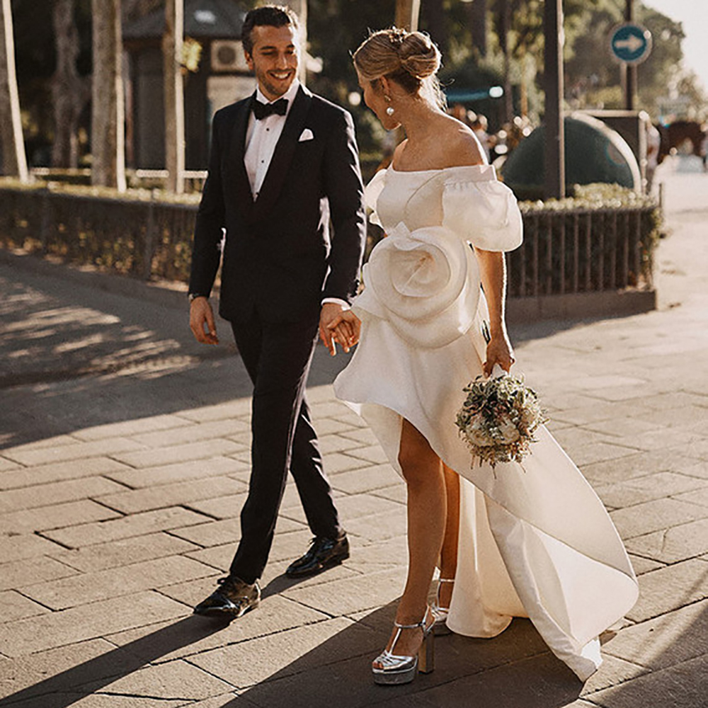 Two Pieces 3D Flower Wedding Dresses 2024 Off the Shoulder Short Sleeve Bridal Gown with Detachable Train Organza A Line Wedding Gowns