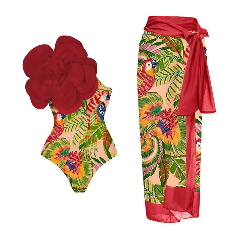 Blue One Shoulder Ruffled Print Floral Swimsuit Set Cover Up Single Piece Micro Monokini Sexy Swimwear For Girls Summer Beach 231227