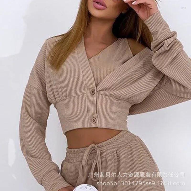 Womens Two Piece Pants Ribbed Crop Top Drawstring Set With Buttoned Coat Three Women Pant Sets Vest V Neck Lace Up Trousers Suits