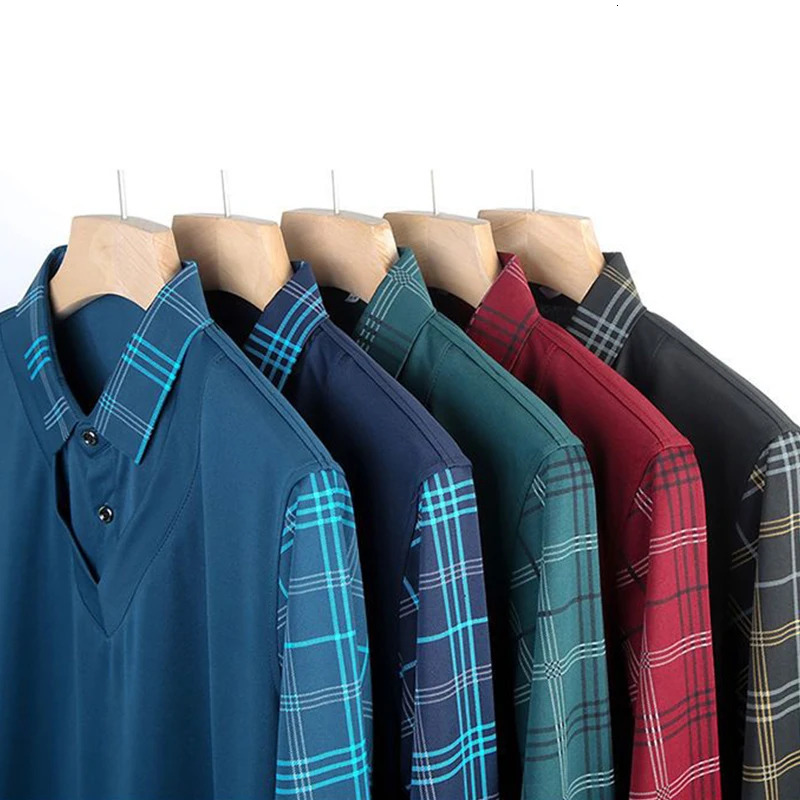 Men's Polos Spring Men's Long Sleeve POLO Shirt Plush Thickened Solid Color Turn-down Collar Shirt Plaid Button Fashion Casual Tops 231202