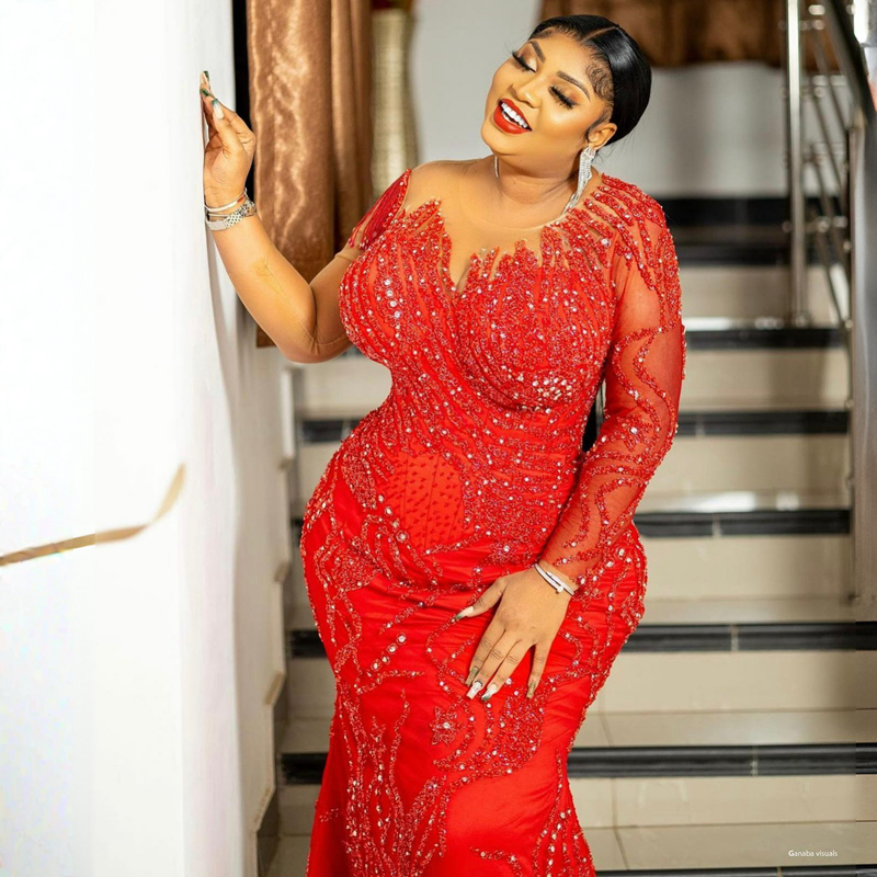 2023 Plus Size Aso Ebi Prom Dresses Mermaid Long Sleeves Jeewel Tulle Birthday Party Dress for Black Girls Second Reception Gala Sparkg Evening Gowns 
