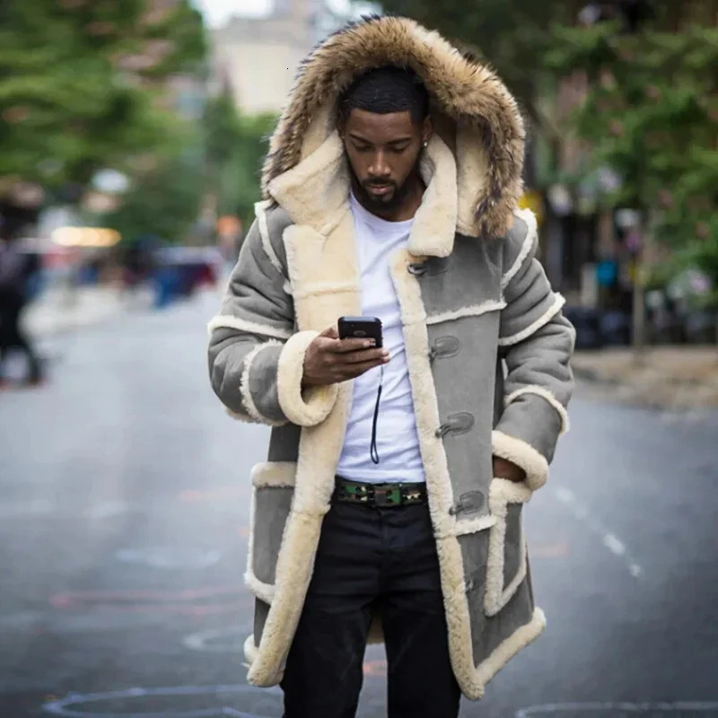 Men s Jackets Men Winter Fashion Leather Jacket Casual Clothing Lamb Fur Hooded Coats Punk Warm Coat Windproof 231202