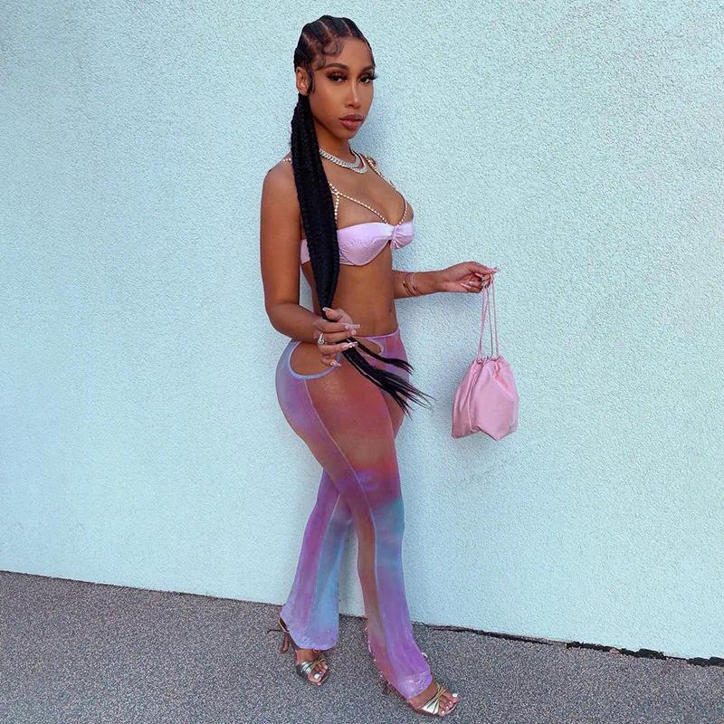 Womens Two Piece Pants LFRVZ 2023 Luxury Designer Young Sexy Beach Lace Set Sweet Bikini Top Long Boot Cut Slim Women 2