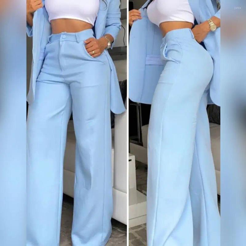 Womens Two Piece Pants Long Sleeve Lapel Suit Stylish Coat Single-breasted Jacket Wide Leg For Ladies Women