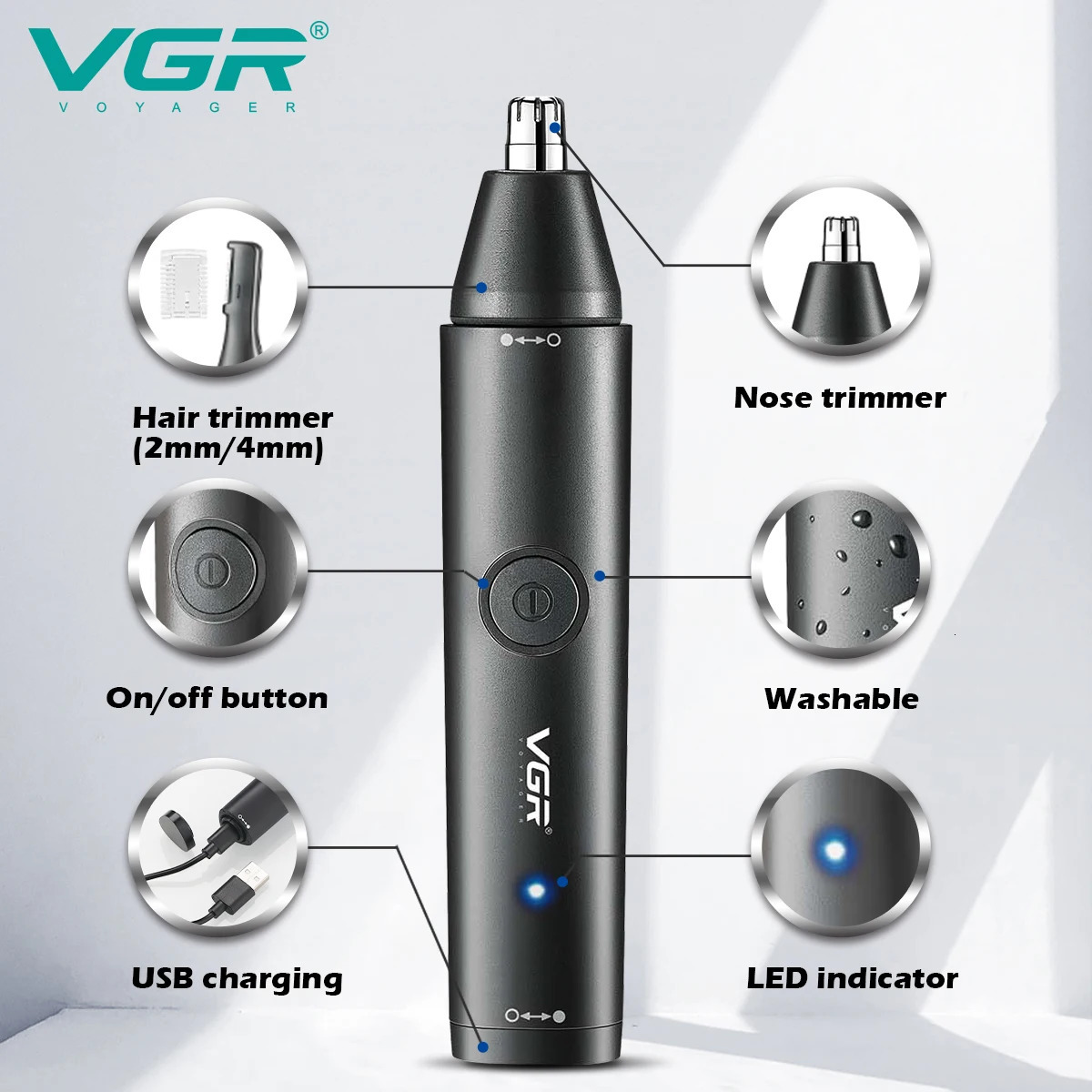 Electric Shavers VGR 2in1 Washable Nose Hair Trimmer For Men Women Grooming Beard Electric Ear Cleaner Eyebrow Trimmer For Face Body Rechargeable 2312