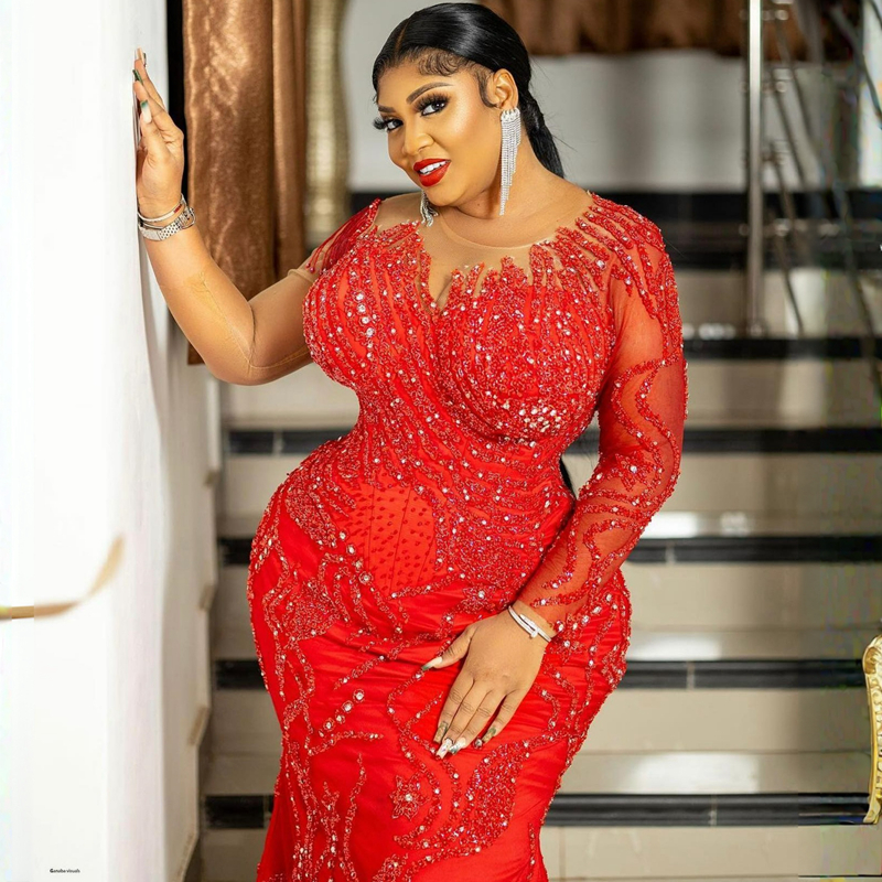 2023 Plus Size Aso Ebi Prom Dresses Mermaid Long Sleeves Jeewel Tulle Birthday Party Dress for Black Girls Second Reception Gala Sparkg Evening Gowns 