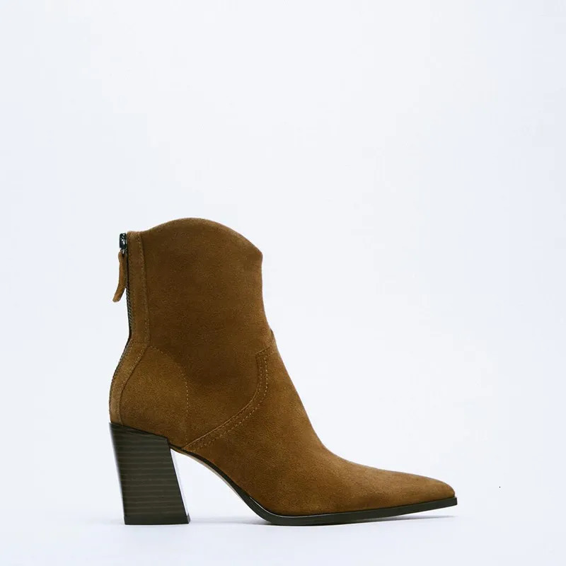 High Heels Heeled Cowboy Ankle Boots TRAF Winter Fashion Pointed Toes Women Chunky Heel Woman Shoes Brown 231201