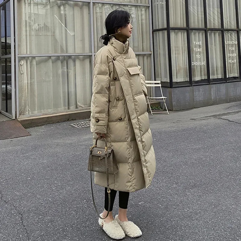 Women's Down Parkas Stand Collar Windproof Coats Winter Women Buttons Big Pockets Long Parka Thickened Warmer Cotton Jacket Korean Puffer 231201