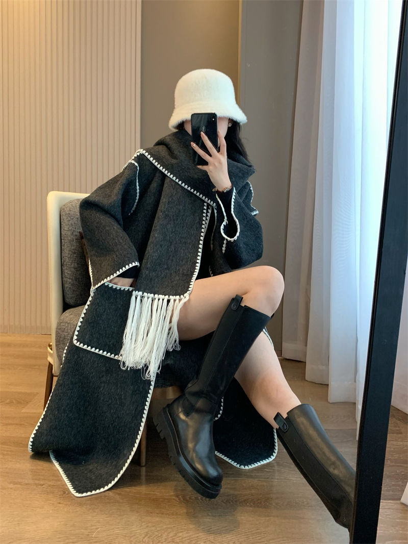 T0te rabbit hair+silk+wool scarf medium length tassel double-sided woolen coat