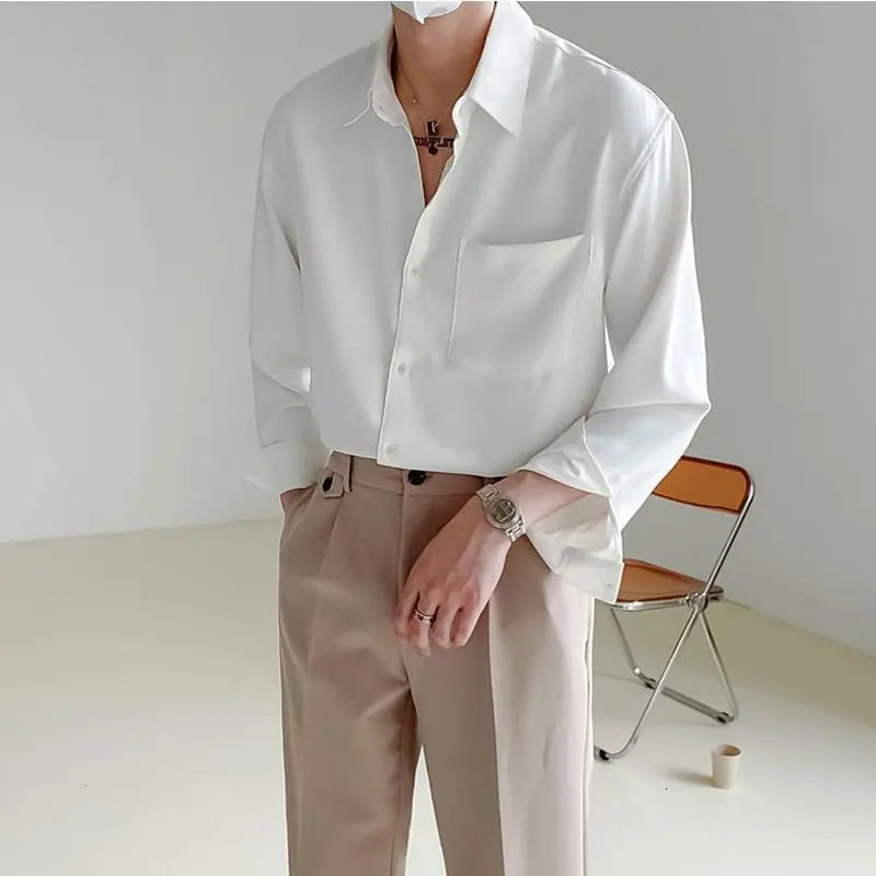 Men's Casual Shirts Solid Color Long Sleeve Shirt POLO Collar Single Breasted Loose Casual Fashion Korean Spring and Autumn Men's Clothing P