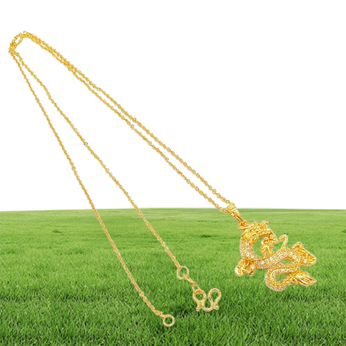 Micro Inlaid Zircon Dragon Pendant Chain 18k Yellow Gold Filled Fashion Womens Mens Pendant Necklace