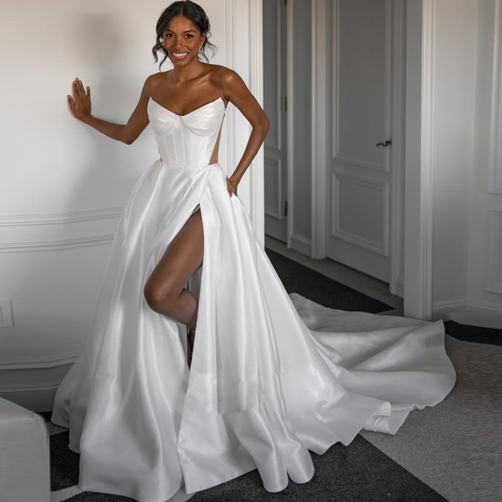 Matte Satin A Line Wedding Dresses Sheer Waist Thigh High Slits Bridal Gown Ruched Court Train Vestidos De Novia