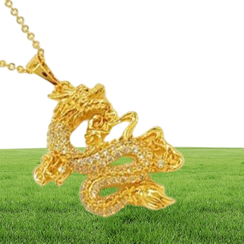 Micro Inlaid Zircon Dragon Pendant Chain 18k Yellow Gold Filled Fashion Womens Mens Pendant Necklace