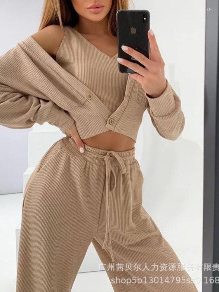 Womens Two Piece Pants Ribbed Crop Top Drawstring Set With Buttoned Coat Three Women Pant Sets Vest V Neck Lace Up Trousers Suits