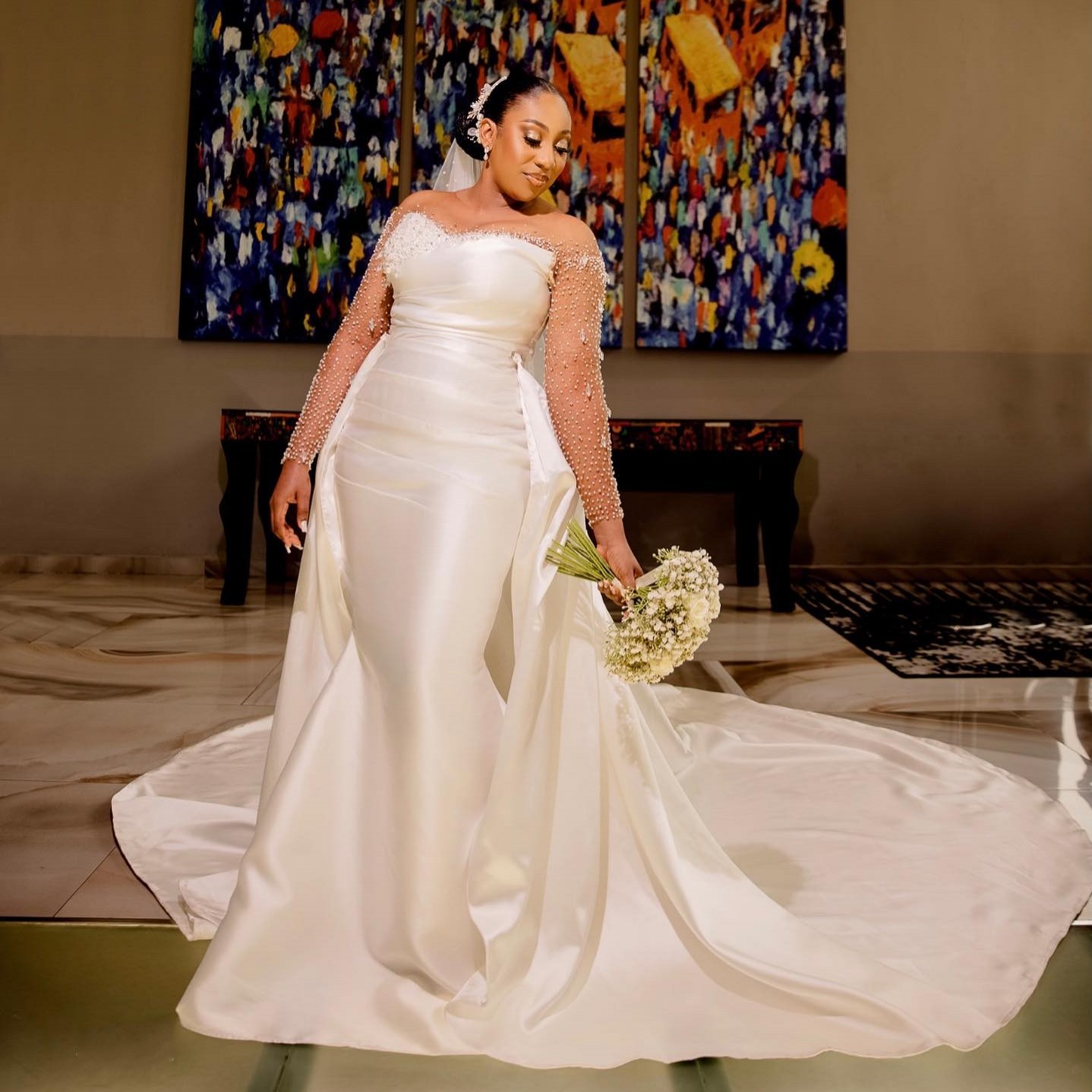 Amazing Mermaid Sequined Wedding Dresses With Detachable Train Beaded Bridal Gowns Pearls Long Sleeves Sheer Bateau Neckline Satin Vestido De Novia