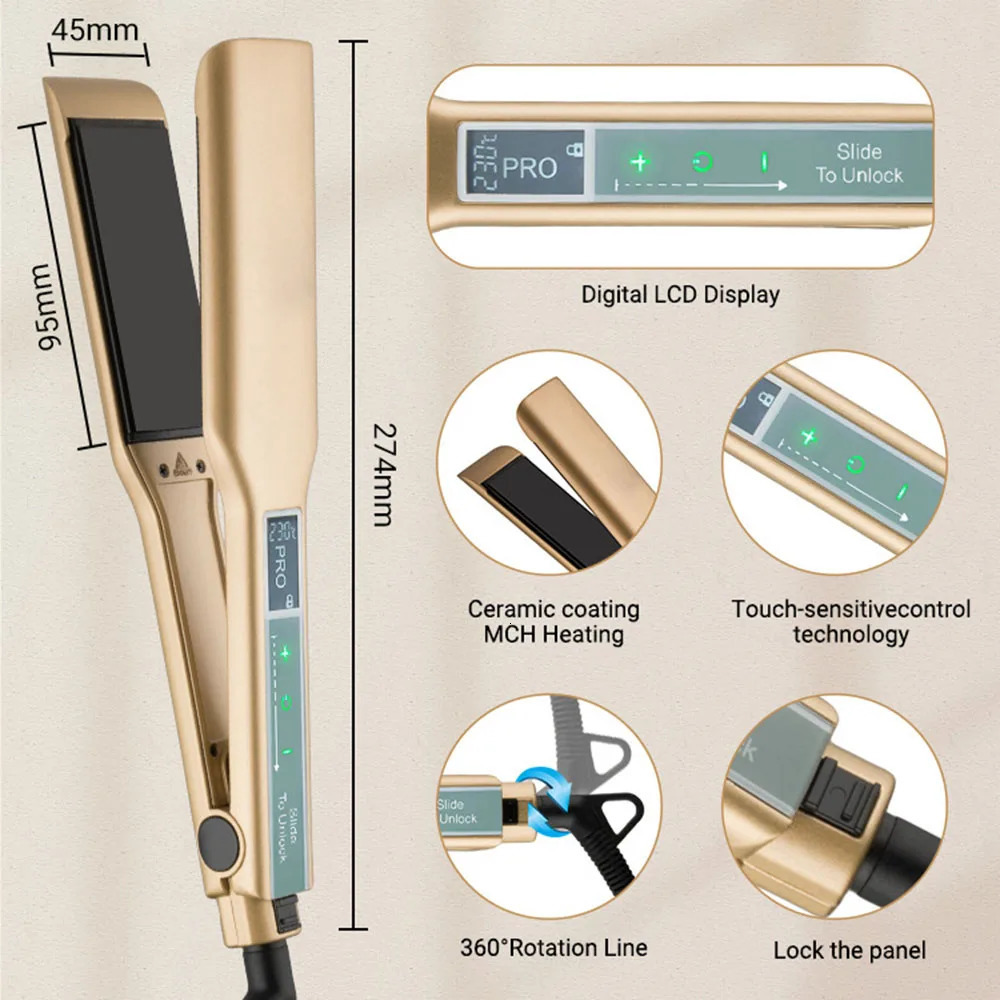 Hair Straighteners Touch Screen MCH Wide Plate Gold Brazilian Keratin Treatment Professional Permanent Flat Iron Hair Straightener 231202