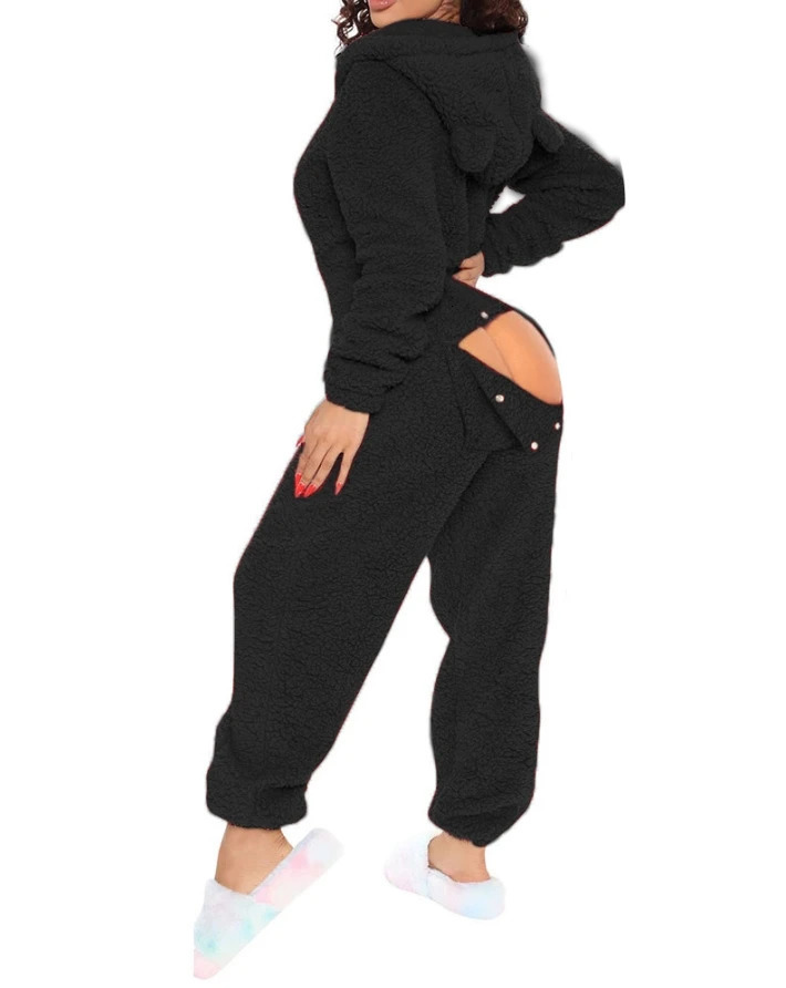 Women's Jumpsuits Rompers Women's Jumpsuit Autumn 3D Ear Buttoned Flap Functional Fluffy Lounge Jumpsuit Warm Home Clothes Hooded Pajamas 23
