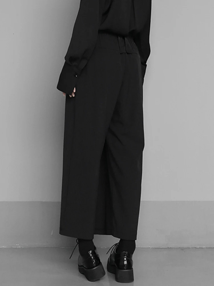 Women's Pants Capris EAM High Elastic Waist Black Brief Pleated Long Trousers Loose Fit Pants Women Fashion Spring Autumn 1S430 231201