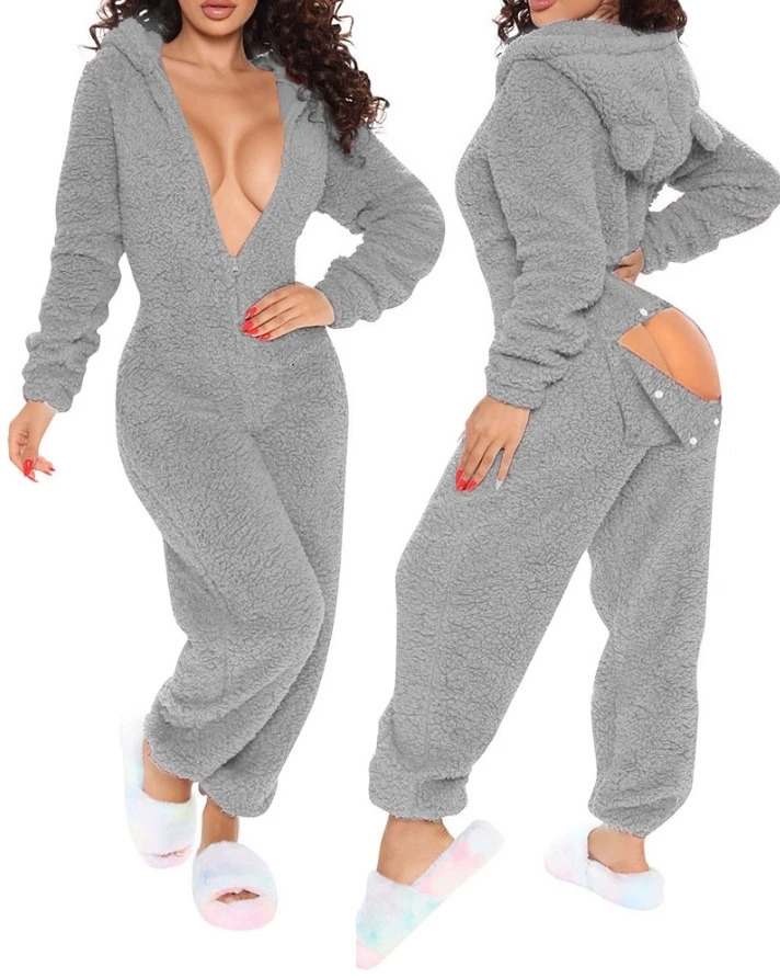 Women's Jumpsuits Rompers Women's Jumpsuit Autumn 3D Ear Buttoned Flap Functional Fluffy Lounge Jumpsuit Warm Home Clothes Hooded Pajamas 23