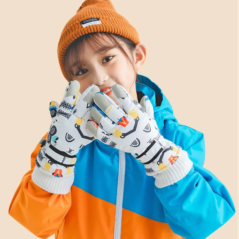 Children's Mittens Children Ski Glove for Girls Boys Waterproof Thicken Five Fingers Gloves Keep Warmer Cartoon Print Winter Snow Kids Mitten 4-1