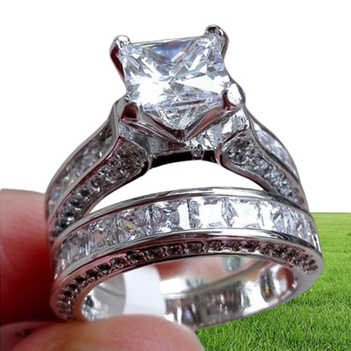 Luxury Size 5678910 Jewelry 10kt white gold filled Topaz Princess cut simulated Diamond Wedding Ring set gift with