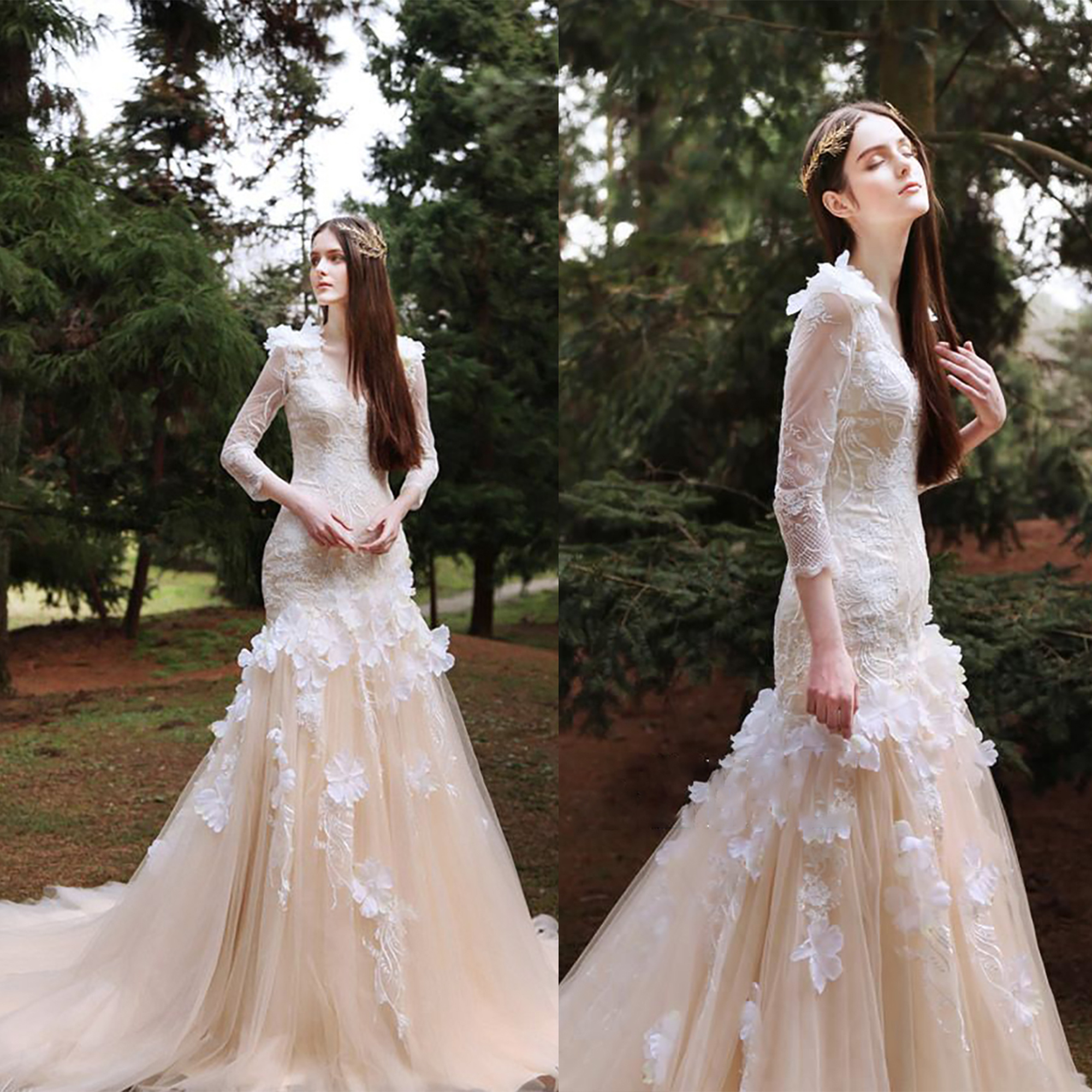 Vintage Lace Mermaid Wedding Dresses Long Sleeve vestido de novia V Neck Appliques Bridal Gowns
