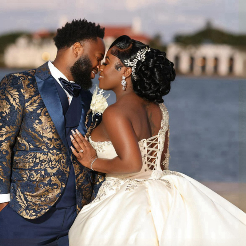Nigeria African Wedding For Bride Plus Size One Shoulder Long Sleeves Side Split Marriage Dress Black Women Appliqued Lace Bridal Gowns