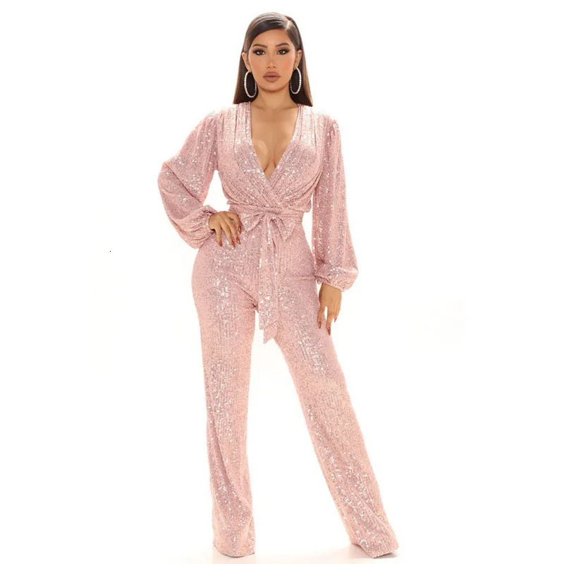 Women's Jumpsuits Rompers Long Sleeve Jumpsuit Women Sexy V Neck Sequins Casual Overalls Female High Waist Playsuit Elegant Ladies Party Wide Leg