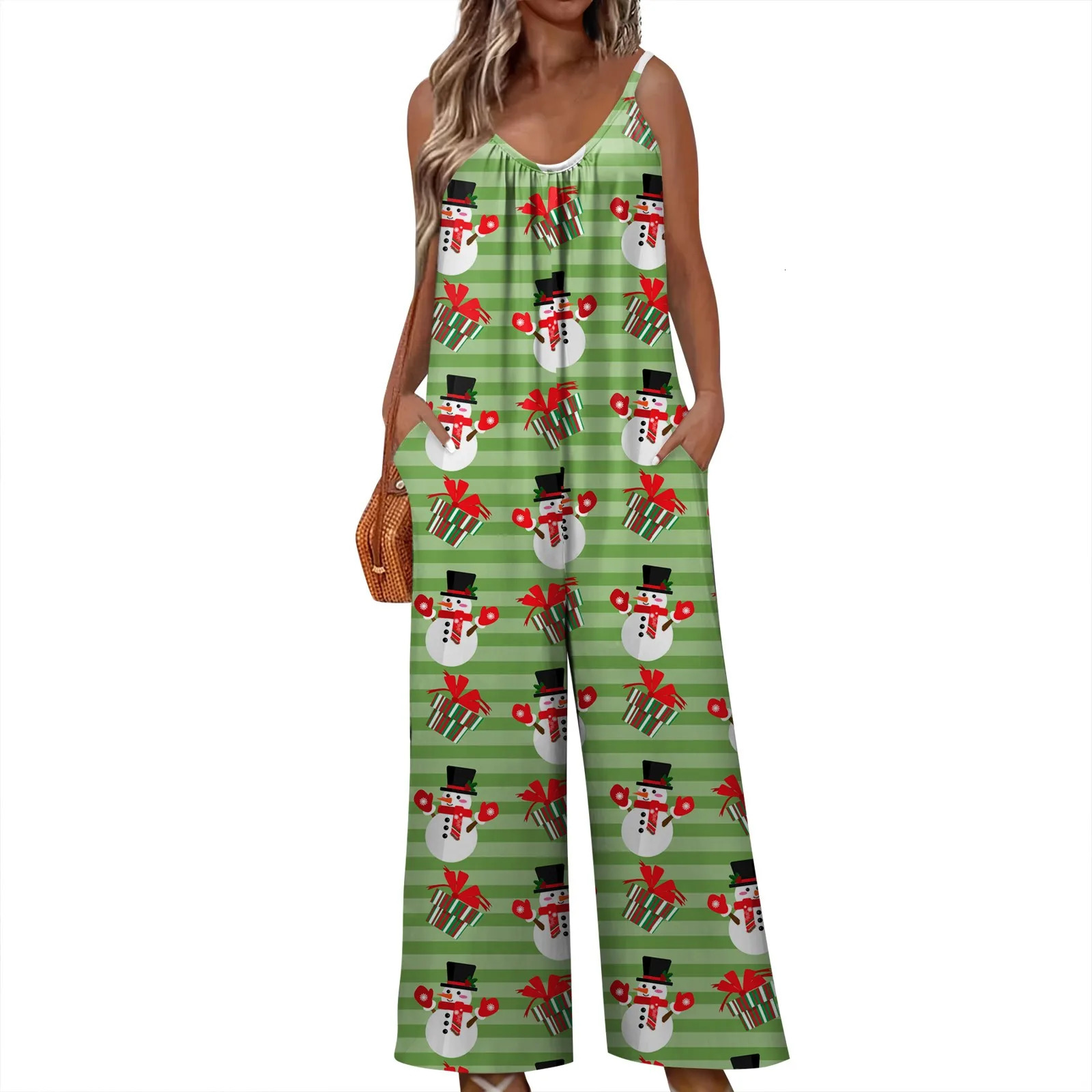 Women's Jumpsuits Rompers S-3xl Sleeveless Jumpsuit For Women Christmas Printed Loose Versatile Sling Rompers Wide Leg Adjustable Suspender Jumps