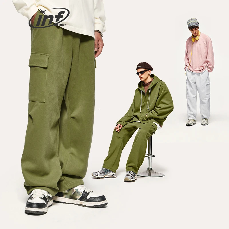 Men's Tracksuits INFLATION Unisex Harajuk Oversized Tracksuit Trendy Pink Cargo Pants and Hooded Jacket Set Mens Hooodie Set 231202