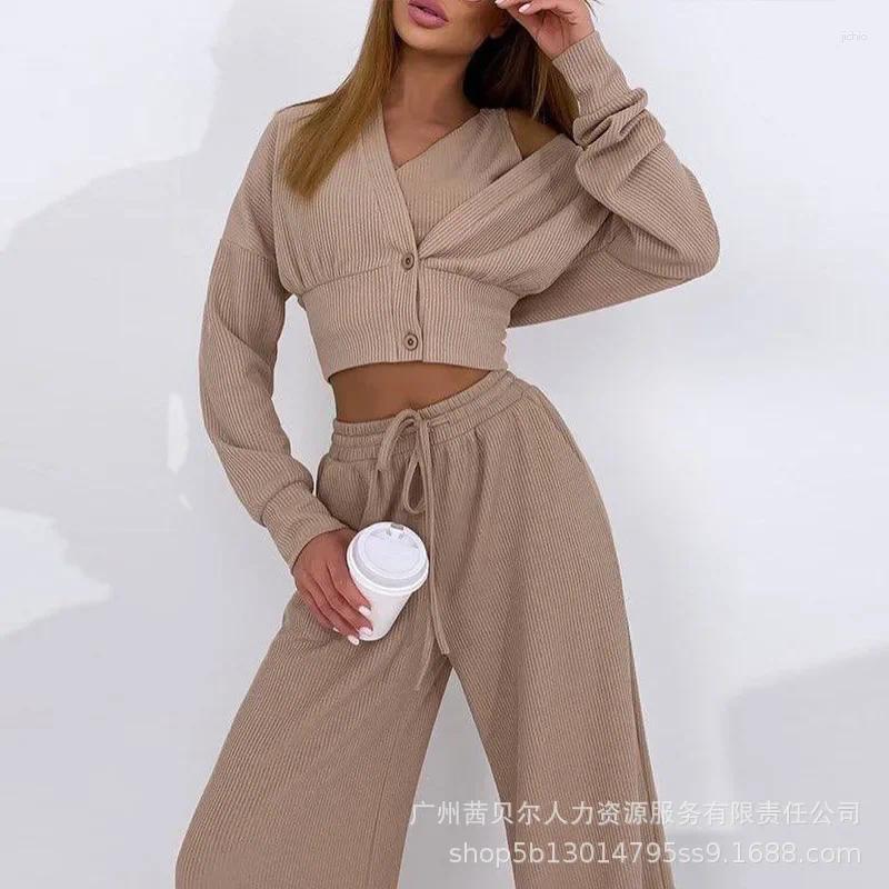 Womens Two Piece Pants Ribbed Crop Top Drawstring Set With Buttoned Coat Three Women Pant Sets Vest V Neck Lace Up Trousers Suits