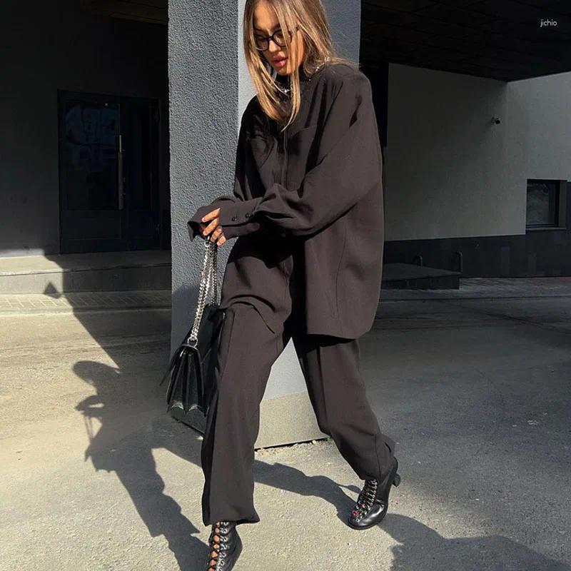 Womens Two Piece Pants Casual Suit 2024 Autumn And Winter Long-sleeved Black Loose Shirt Straight Two-piece Club Clothing Vestidos