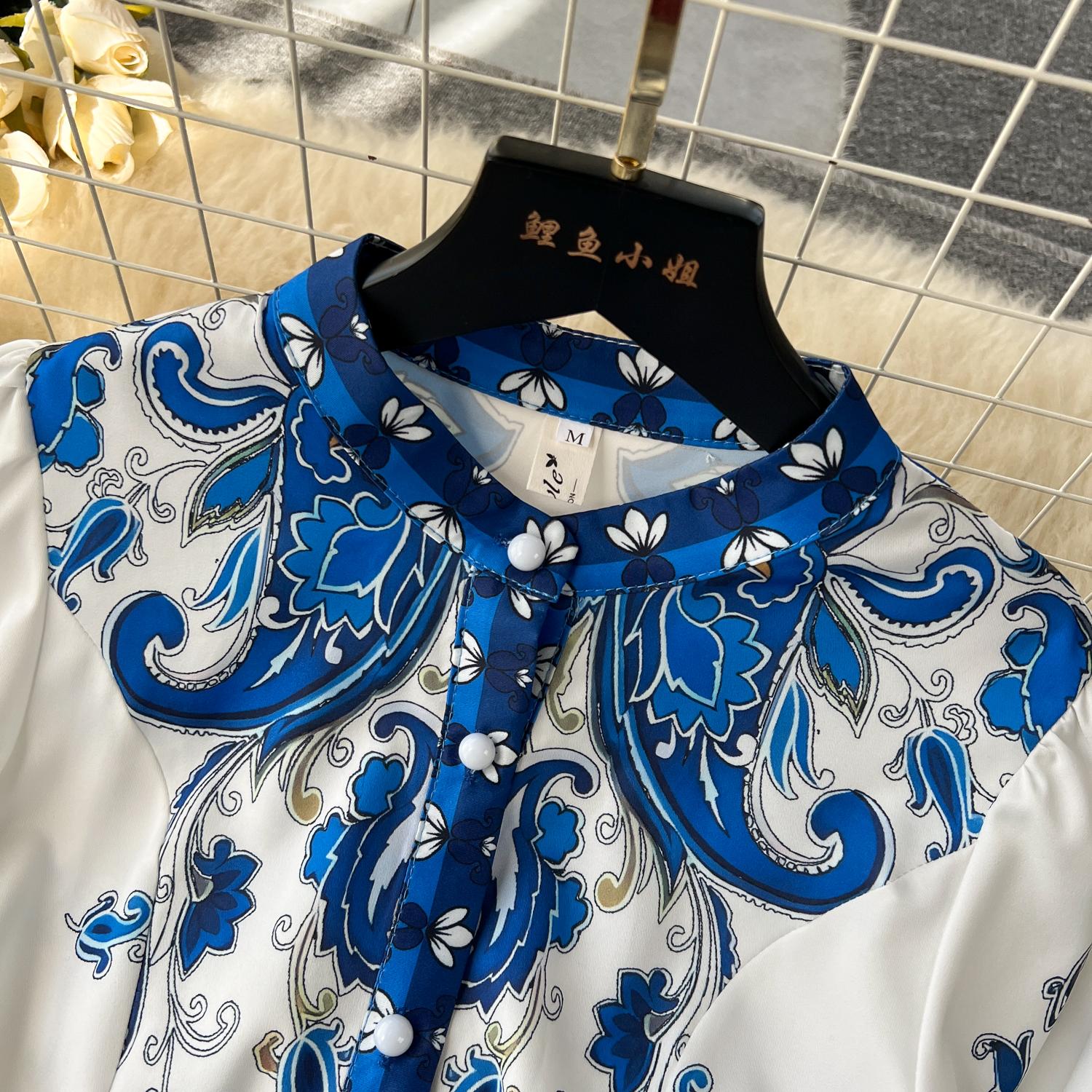 Casual Dresses Autumn Runway Blue Flower Dress Womens Stand Long Sleeve Single Breasted Floral Print Belt Holiday Boho Maxi Vestidos