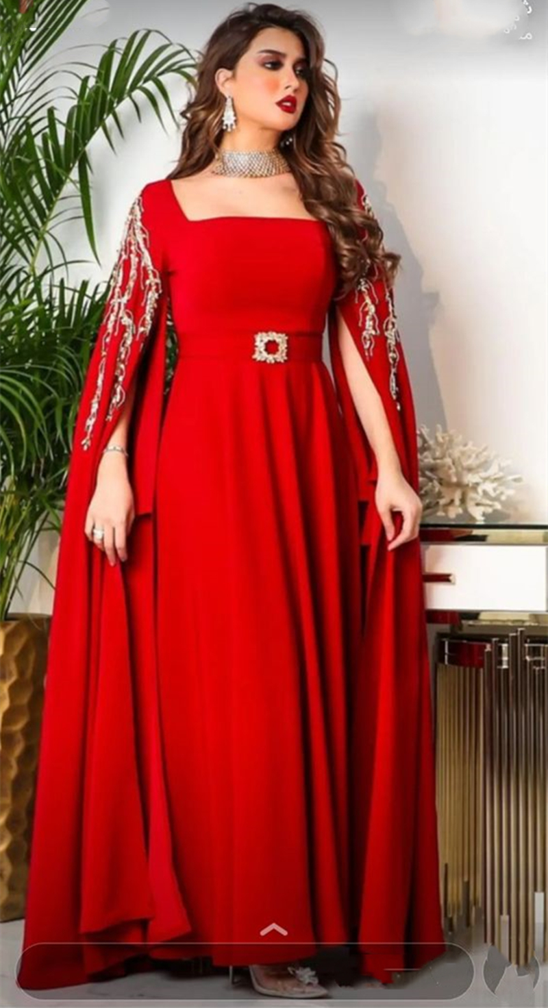 Elegant Arabic Kaftan Red Evening Dresses For Women Cape Sleeves Floor Length A Line Formal Dress Square Neck Long Satin Special Occasion Prom Gown 20