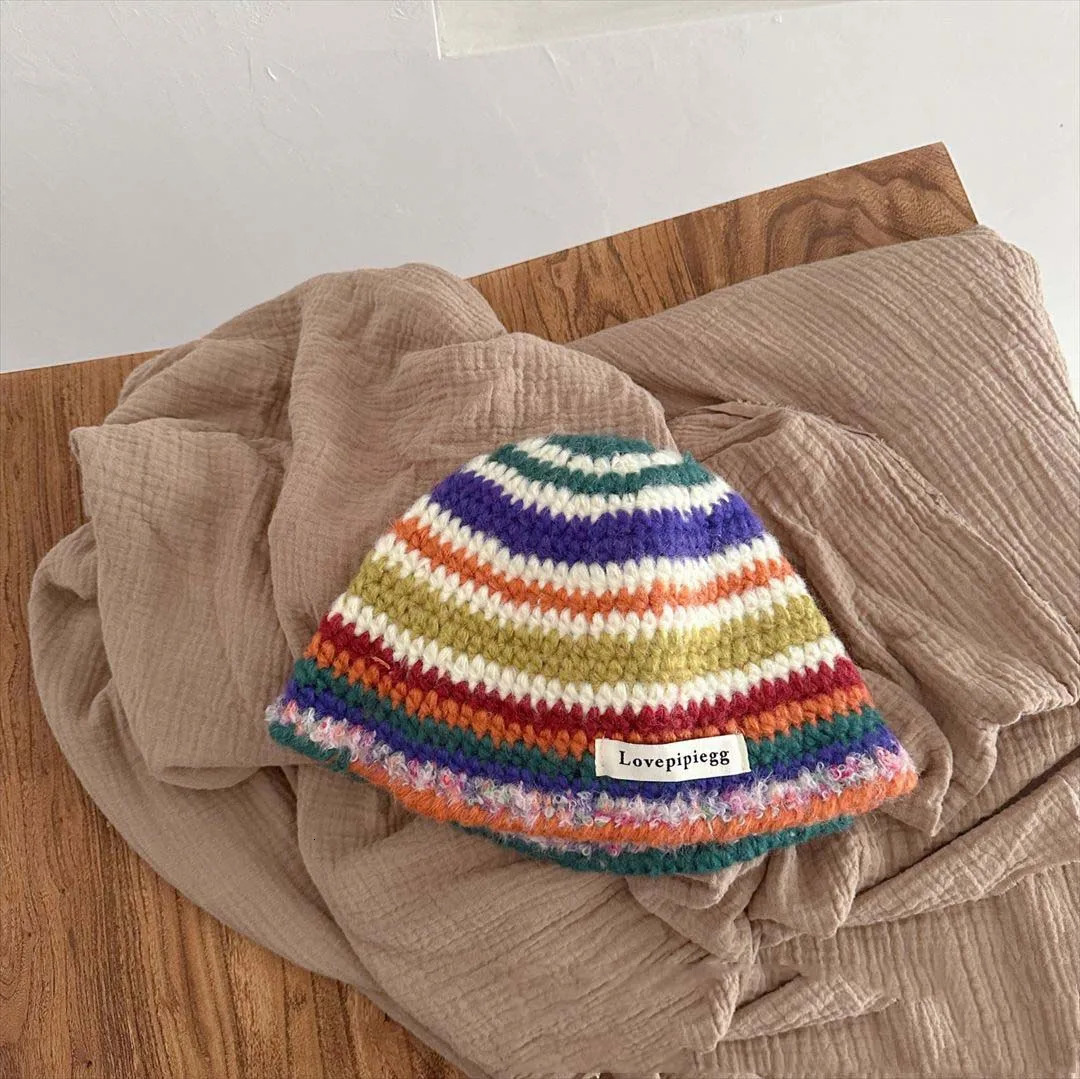 Caps Hats Autumn Winter Striped Mother Kids Knitted Hat Vintage Hand Hook Colorful Wool Hat Handbag Warm Knitted Gloves 231202