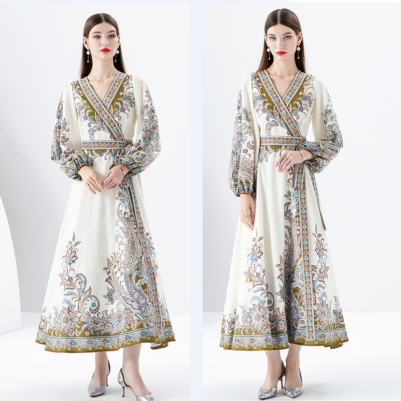 Paisley Floral Party Woman Maxi Dress Lantern Sleeve V-Neck Slim Runway Designer Side Lace Up Bow White Wrap Dresses Robe 2023 Spring Fall Chic Vacation Casual Frocks
